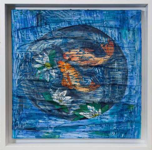 Fische im Teich, Radierung, Holzdruck, Aquarell, 2015